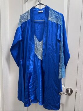 Angel Royal Blue Satin Robe and Lace Chemise Set Babydoll